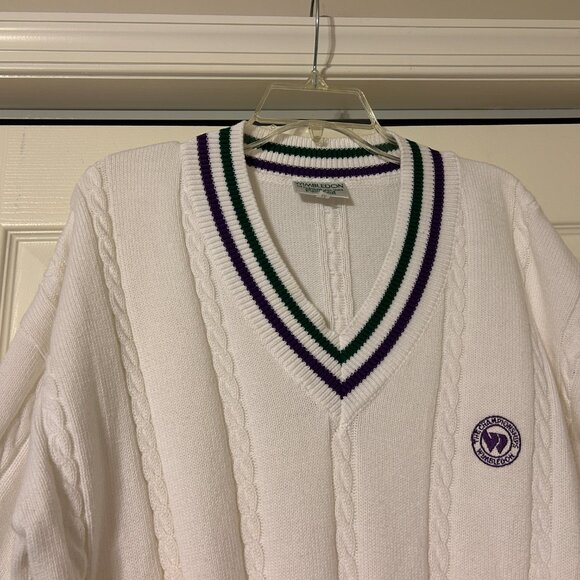 Mens WIMBLEDON Sz M White V-Neck Long Sleeve Cable Knit Tennis Sweater Top - Picture 3 of 8
